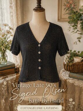 Cottagecore Vintage Sigrid Olsen Knit By Hand Black Linen Blend  Cardigan Small